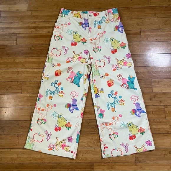 Cider Cream Wide-Leg Pants with Multicolor Fun Pet and Fruit Print - Picture 4 of 15